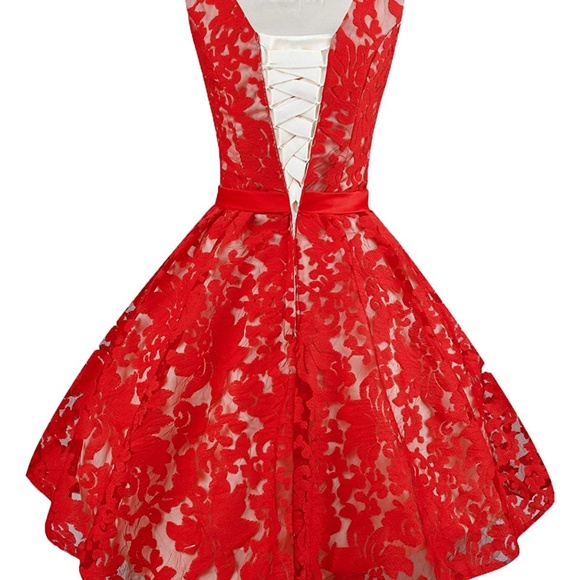 Red Vintage Floral Lace Dress With Contrast Bow - Picture 3 of 7